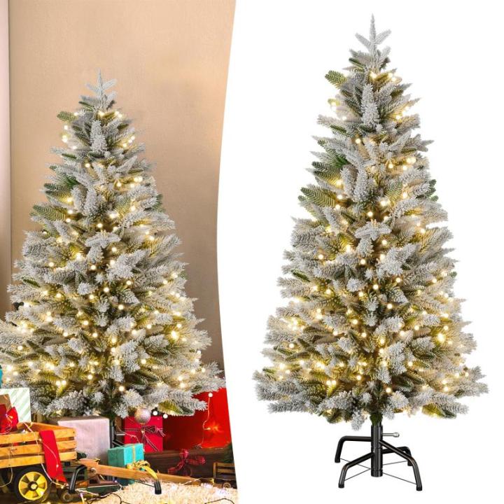 150 cm premium kunstkerstboom met warm wit verlichting, dennenboom, kunstkerstboom met sneeuwspar, natuurlijk wit vlokken voor kerstdecoratie, PE en pvc, met metalen standaard