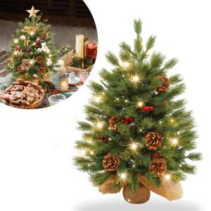 60 cm mini-kerstboom, kunstkerstboom met verlichting, kunstmatig PE-materiaal, kerstboom met 30 warmwitte leds, dennenappels en rode bessen voor Kerstmis