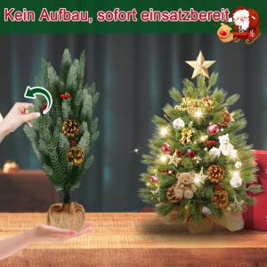 60 cm mini-kerstboom, kunstkerstboom met verlichting, kunstmatig PE-materiaal, kerstboom met 30 warmwitte leds, dennenappels en rode bessen voor Kerstmis