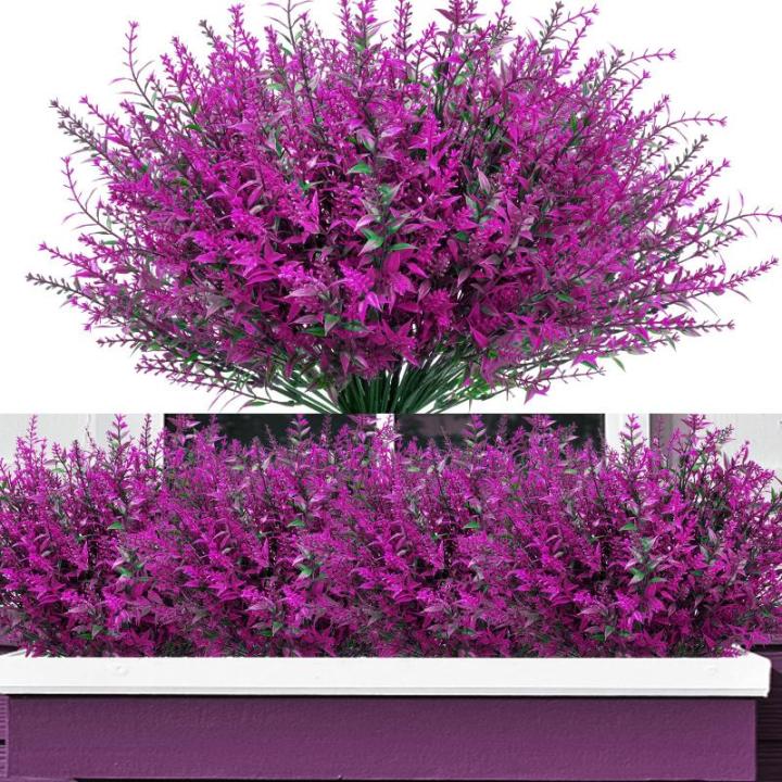 12 bundels kunstlavendel struiken, voor buiten, balkonplanten, weerbestendige uv-bestendige plastic bloemen voor outdoor, binnen, balkon, tuin, balkonbakken, fuchsia