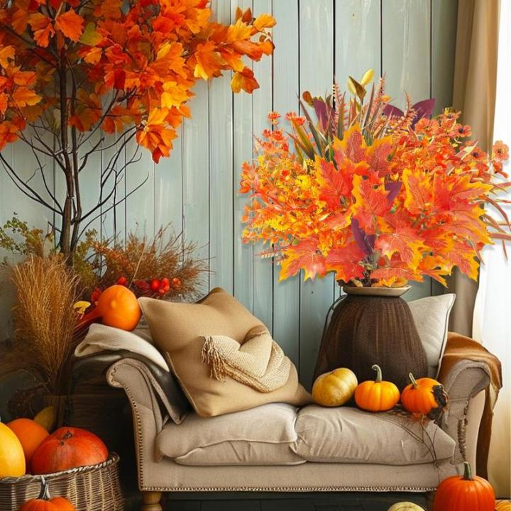 8 bundels kunstherfstbloemen herfstdecoratie herfstboeket kunstmatige eucalyptus, herfsttakken esdoornbladeren kunstbloem decoratie, herfstdecoratie voor binnen en buiten tafel bal