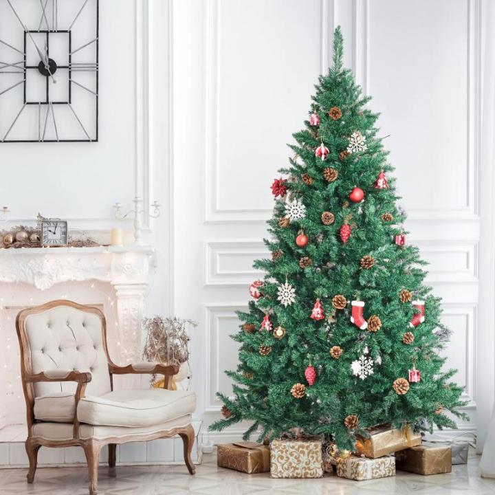 Kunstkerstboom, groen, 120 cm, 500 takken, dennenboom met groene takken en dennenappels, incl. metalen standaard