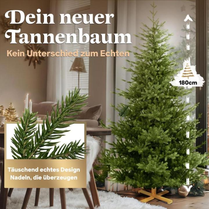 Kunstkerstboom, 180 cm, inclusief houten en metalen voet, natuurgetrouw met dichte takken, kunstkerstboom voor binnen en buiten, kunstkerstboom