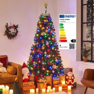 Kunstkerstboom met ledverlichting, 183 cm, met 300 meerkleurige en warmwitte lampen, 9 lichtmodi, kerstboom met 818 takken en opvouwbare metalen standaard, groen