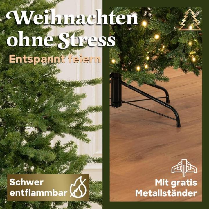 Kunstkerstboom, 180 cm, inclusief houten en metalen voet, natuurgetrouw met dichte takken, kunstkerstboom voor binnen en buiten, kunstkerstboom