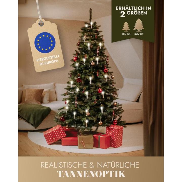Premium kunstkerstboom, 220 cm, natuurgetrouwe look, extra dichte takken, inclusief houten standaard en opbergtas, hoogwaardige dennenboom voor feestelijke decoratie