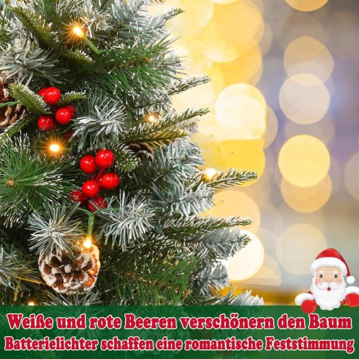 60 cm mini-kerstboom, kunstkerstboom met verlichting, kunstkerstboom met sneeuweffect, met 30 warmwitte leds, dennenappels en rode bessen voor Kerstmis