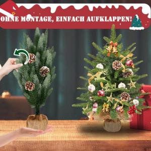 Kunstkerstboom van 60 cm in premium kwaliteit, met 30 warmwitte draadloze leds, PE + pvc-takken, 6 dennenappels en jute zak, houten sokkel, onderhoudsvriendelijk voor feestelijke