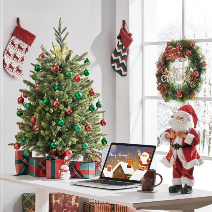 91 cm mini-kunstkerstboom met 143 takken en cementbasis, mini-tafelblad, dennenboom, moeilijk ontvlambaar, tafelkerstboom, klein, voor kerstdecoratie, groen