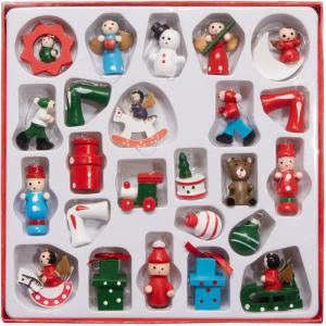 24 Stuks Houten Kerstboomdecoraties - tot 4 cm Hoge Figuren - Kerstmis Houten et Handbeschilderd - Traditionele Boom Kerstboomdecoraties - Geschenken - Locomotief - Sneeuwpop