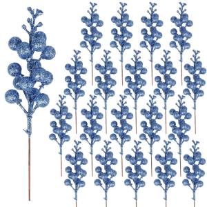 24 stuks kunstmatige rode bessendecoratie, rode bessenprikkers, Holly bessen, takken voor kerstboom, decoratie, handwerk, bruiloft, vakantie, winter, decoratie, woondecoratie (blau