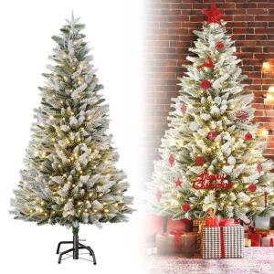 Kunstkerstboom, 180 cm, premium dennenboom met sneeuweffect en verlichting, 350 leds, warm wit, natuurgetrouwe kerstboom met metalen standaard, voor kerstdecoratie