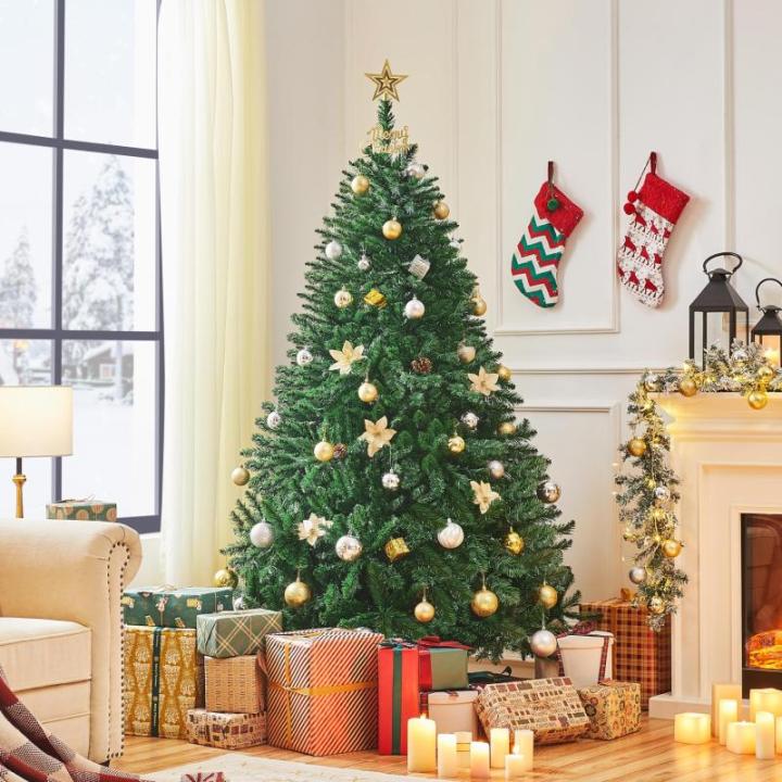 Kunstkerstboom, 183 cm, met 903 takken, moeilijk ontvlambaar, pvc-kerstboom, kunstboom incl. metalen standaard met houtnerf sparrenhout, groen