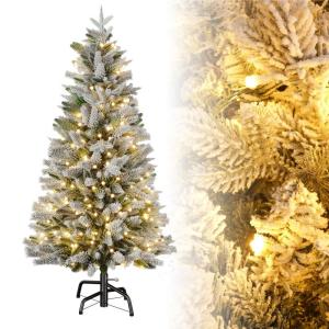 Kunstkerstboom met ledverlichting, 180 cm, kerstboom met metalen standaard, met sneeuwvlokkeneffect (pvc + PE dennenboom)