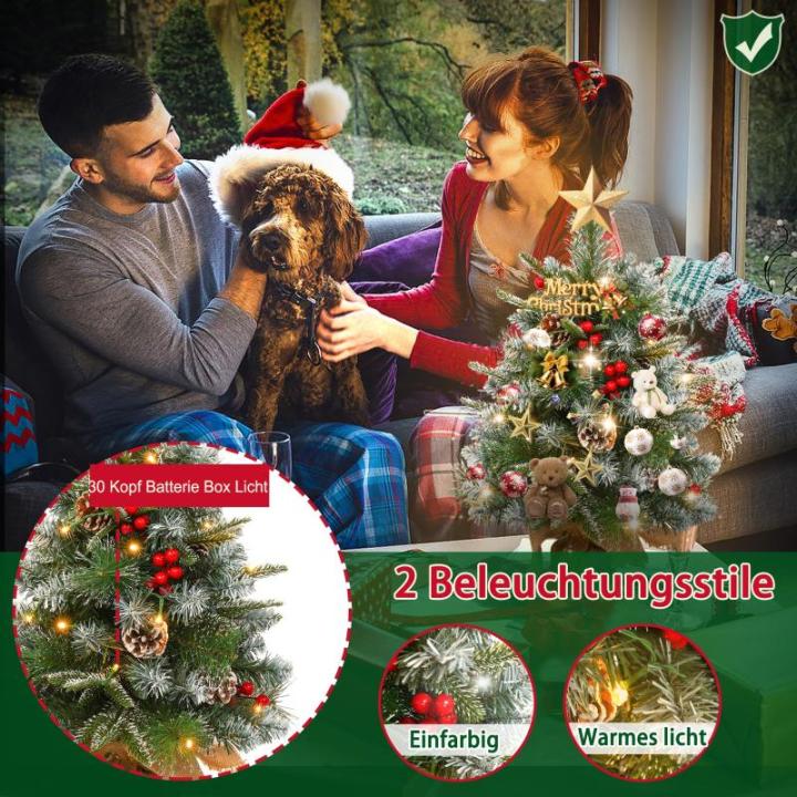 2 x kerstboom met decoratieve lichtketting 30 LED warm wit batterij, 60 cm mini kunstkerstboom met sneeuw, dennenappels en taxbessen, tafelkerstboom, kerstdecoratie, materiaal PE