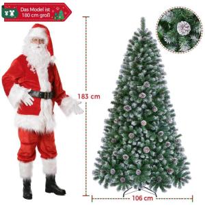 Kunstkerstboom van 183 cm met sneeuw en 64 dennenappels, diameter ca. 106 cm, 920 takpunten, moeilijk ontvlambare dennenboom met snelmontage, klapsysteem, incl. metalen standaard