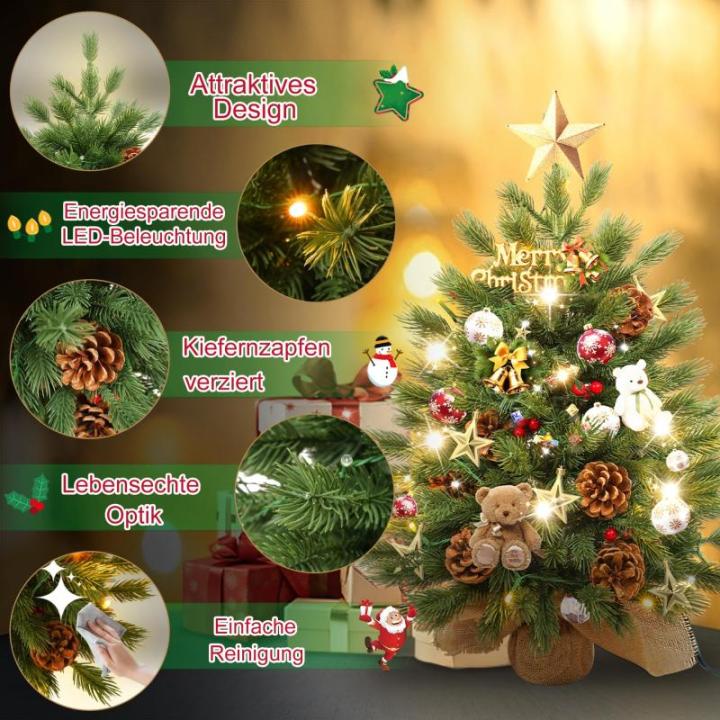 60 cm mini-kerstboom, kunstkerstboom met verlichting, kunstmatig PE-materiaal, kerstboom met 30 warmwitte leds, dennenappels en rode bessen voor Kerstmis