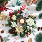 Kunstkerststerren, zijden bloemen, kunstrozen met stelen voor bruiloft, bruidsboeketten, tafeldecoratie, kerstdecoratie (goud, zilver en lichtgroen)