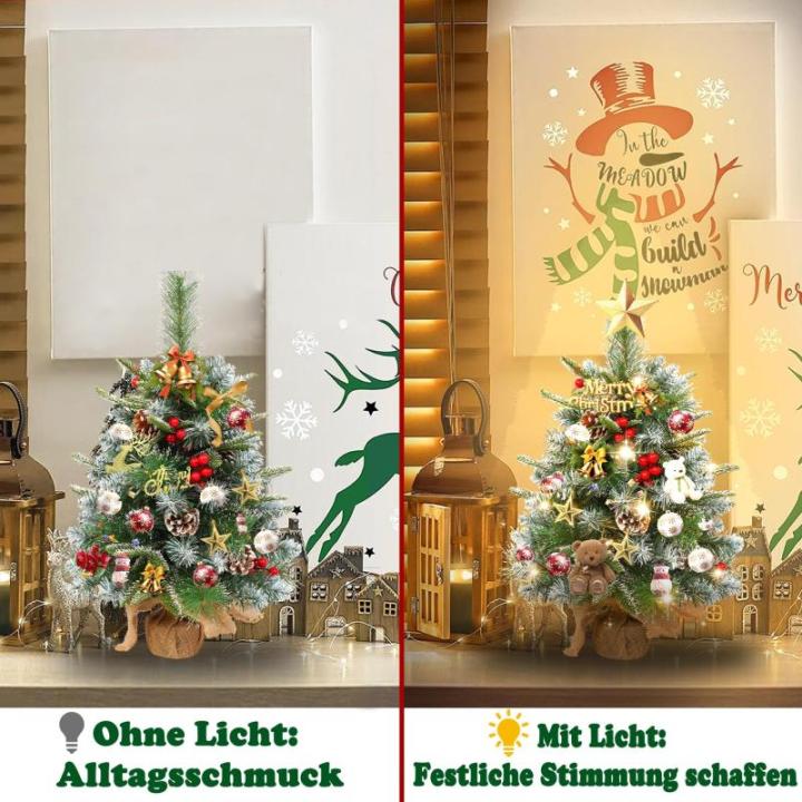 60 cm mini-kerstboom, kunstkerstboom met verlichting, kunstkerstboom met sneeuweffect, met 30 warmwitte leds, dennenappels en rode bessen voor Kerstmis