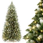 Kunstkerstboom van 180 cm met 775 groene pvc-punten en 75 groene PE-punten, met houten standaard en warmwitte leds, voor Kerstmis, Halloween, bruiloft (met sneeuweffect)