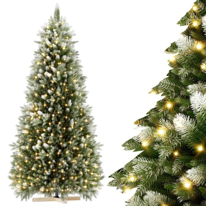 Kunstkerstboom van 180 cm met 775 groene pvc-punten en 75 groene PE-punten, met houten standaard en warmwitte leds, voor Kerstmis, Halloween, bruiloft (met sneeuweffect)