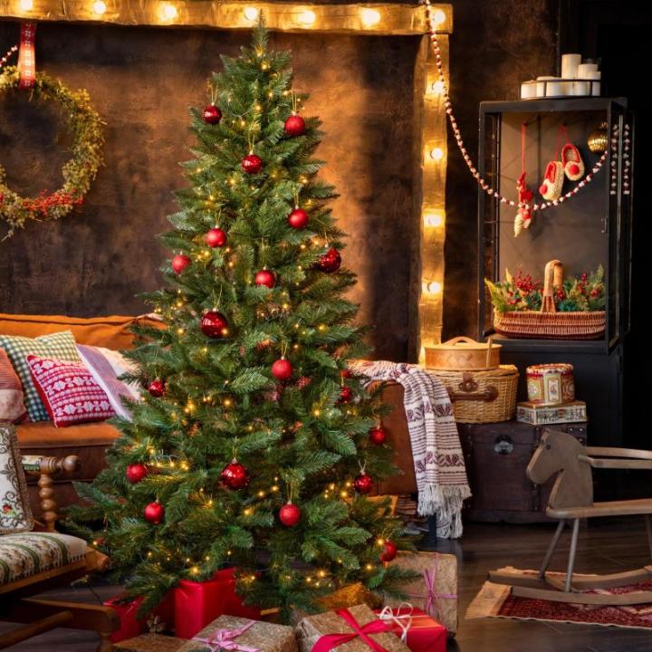 Kunstkerstboom, 180 cm, spar, natuur, met kerstboom, houten standaard, kunstdennenboom met groene stam, gemaakt in de EU