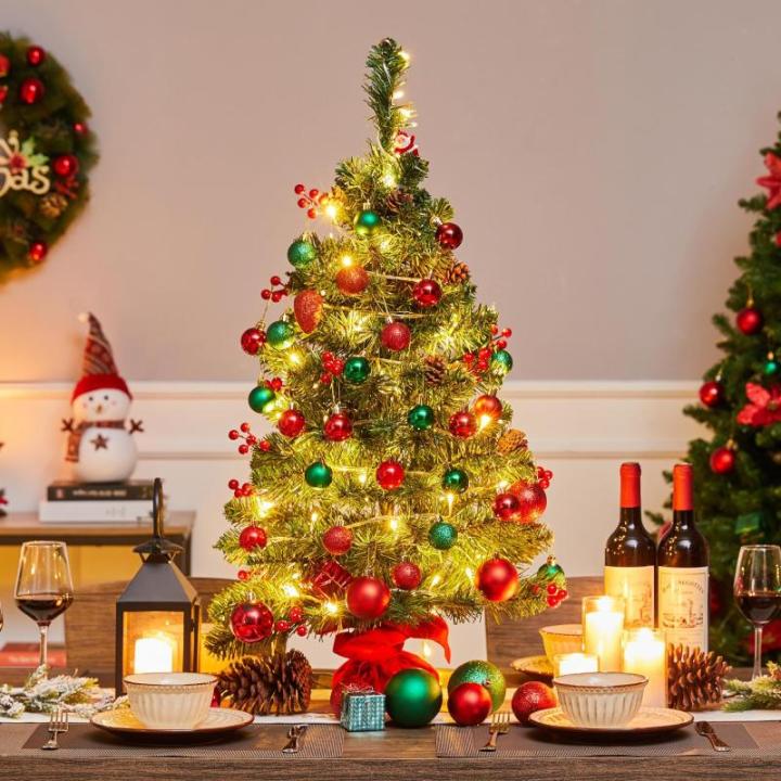 90 cm mini-kunstkerstboom met 50 warmwitte ledlampen en 60 rode bessen, kleine kerstboom, tafel, dennenboom voor kerstdecoratie, groen