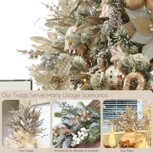 Set van 6 glinsterende bessentakken, bacca-steel-versieringen, decoratieve prikkers voor kerstboom, krans, vazenvulling en middenstukken, wooncultuur - in champagne en zilver.