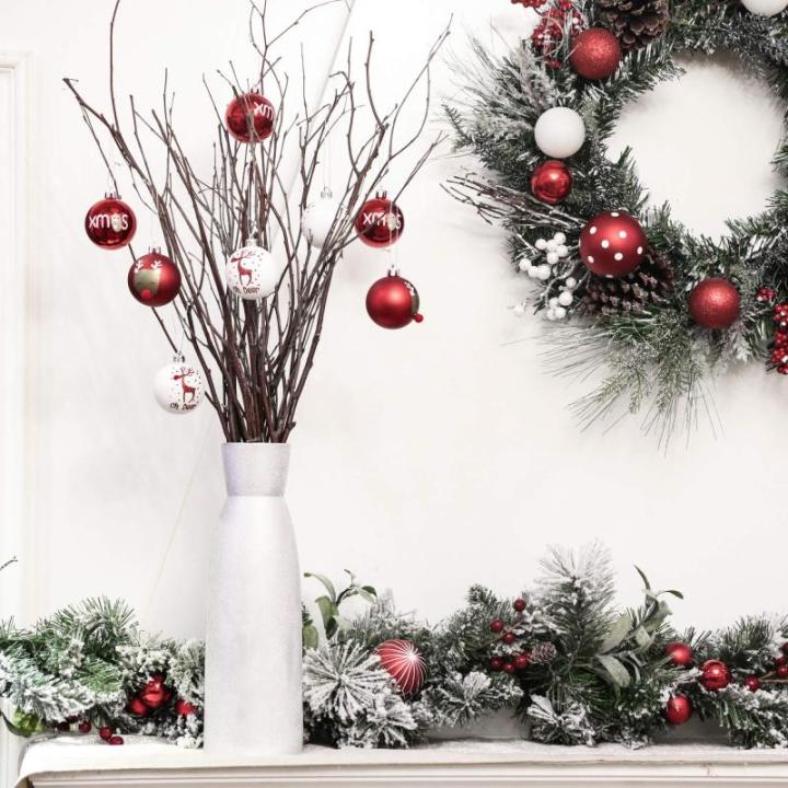 9 stuks 6cm , kerstboomballen, traditioneel rood en wit elandentekenthema, kerstboomversiering, uitgerust met touw kraftpapier inwikkeling