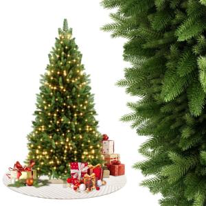 Kunstkerstboom met verlichting, 150 cm, natuurgetrouw, met houten sokkel, kerstboom, kerstdecoratie