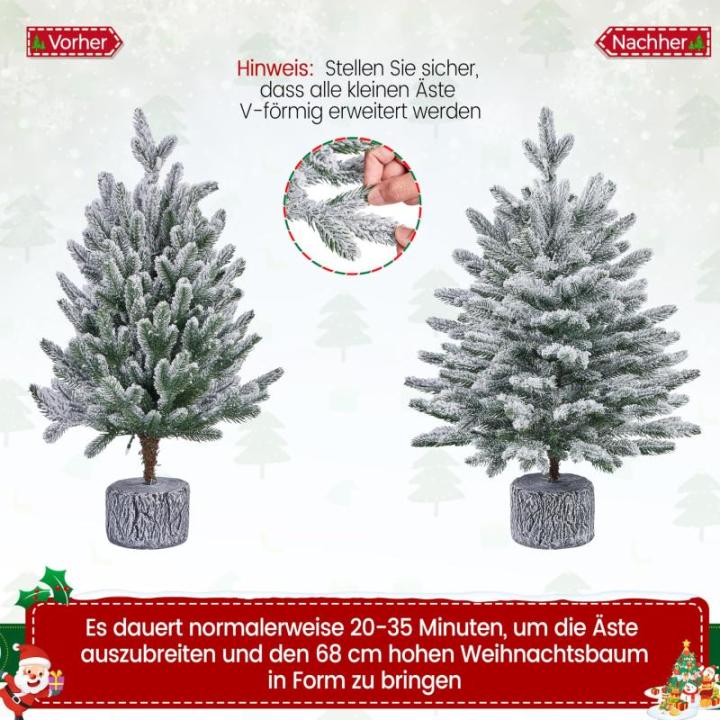 68 cm mini-kunstkerstboom met sneeuw, ingepot dennenboom met 35 leds in warm wit en 262 takpunten, met sneeuw bedekte bevlokte kleine kerstboom