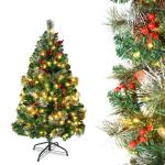 Kunstkerstboom met verlichting, led-dennenboom met metalen standaard, dennenappels, rode bessen en dennentakken, pvc-kerstboom voor kerstdecoratie (120 cm)