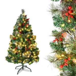 Kunstkerstboom met verlichting, led-dennenboom met metalen standaard, dennenappels, rode bessen en dennentakken, pvc-kerstboom voor kerstdecoratie (120 cm)