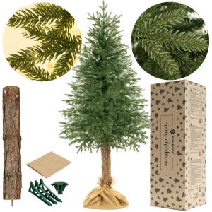 Kerstboom met natuurlijke stam, 180 cm, natuurgetrouwe dichte takken, boomstandaard en jute stof, kunstdennenboom, gemaakt in de EU