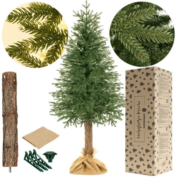 Kerstboom met natuurlijke stam, 180 cm, natuurgetrouwe dichte takken, boomstandaard en jute stof, kunstdennenboom, gemaakt in de EU