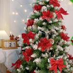 12 stuks glitter kerstster bloemen met 6 stuks glitter kerststrikken decoratie kerstboomversiering kerstdecoratie voor kerstboom Nieuwjaar decoraties