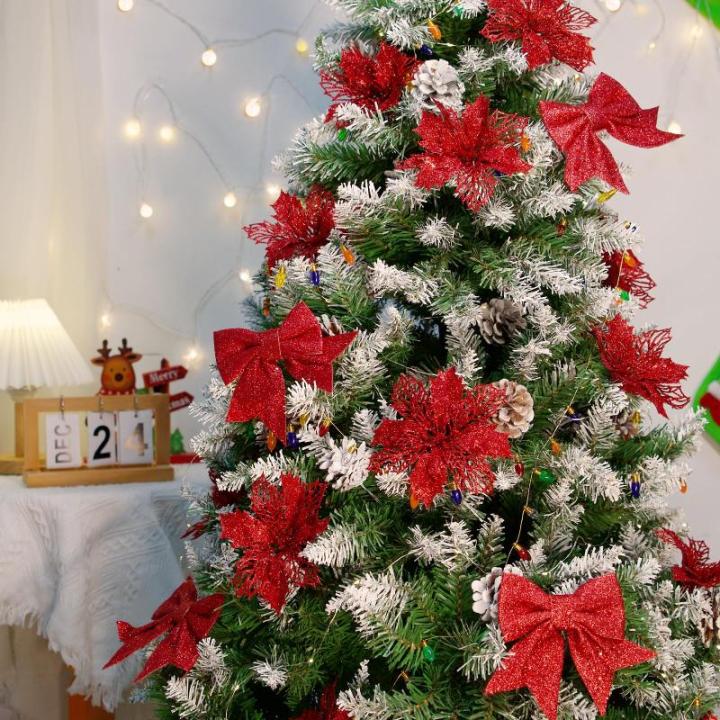 12 stuks glitter kerstster bloemen met 6 stuks glitter kerststrikken decoratie kerstboomversiering kerstdecoratie voor kerstboom Nieuwjaar decoraties