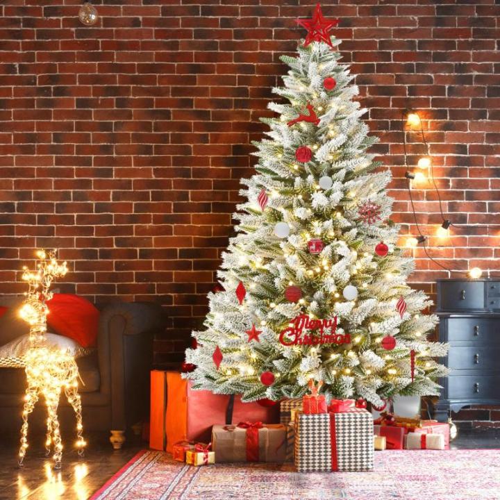 Kunstkerstboom met 450 ledverlichting, 210 cm premium kunstkerstboom met natuurwitte sneeuwvlokken, 1100 takpunten, van PE en pvc dennennaalden, snel op te bouwen, klapsysteem