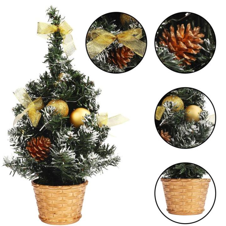 Verlichte mini-kerstboom, kleine kunstdennenboom van 40 cm hoog, versierd met ballen, dennenappels en verlichting; geschikt als tafeldecoratie, kerstdecoratie, voor thuis, op kanto