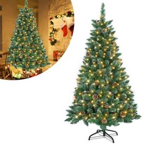 Kunstkerstboom met verlichting, groen, pvc, met sneeuweffect, dennenappels, led, pvc, kerstboom, decoratieve boom met standaard, kerstdecoratie voor kerstdecoratie