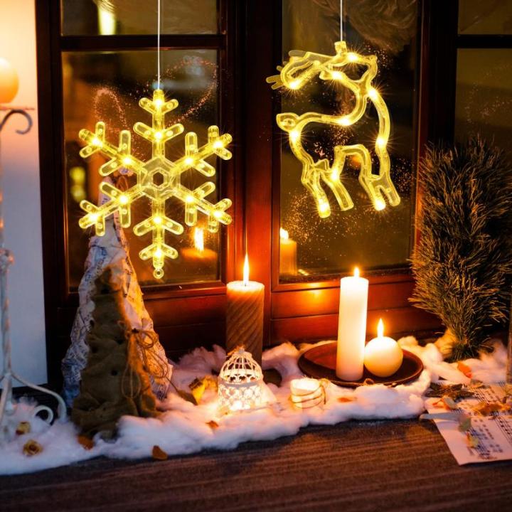Kerstverlichting – 10 led-lichtgordijnen, werkt op batterijen, warme Biacno timer, decoratieve kerstverlichting voor kerstboom, raam, deur, bruiloft (sneeuwvlok en eland)