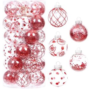 60 mm/2,36 inch onbreekbare doorzichtige plastic kerstbal ornamenten set met glitter schilderij, transparant, doorschijnend, kristallen , kerstboomdecoraties (30 tellingen, rood)