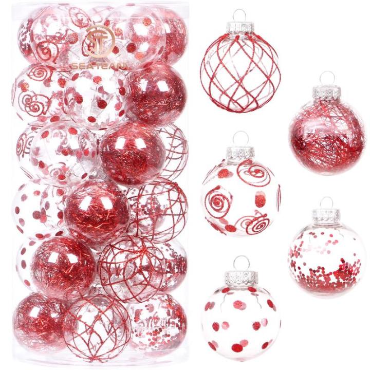 60 mm/2,36 inch onbreekbare doorzichtige plastic kerstbal ornamenten set met glitter schilderij, transparant, doorschijnend, kristallen , kerstboomdecoraties (30 tellingen, rood)