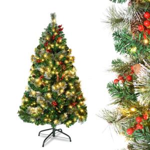 Kunstkerstboom met verlichting, 150 cm, 8 modi, dennenboom, groen, pvc, kerstboom voor kerstdecoratie, met dennenappels, dennennaald en dennennaald, klapsysteem, opvouwbare standaa