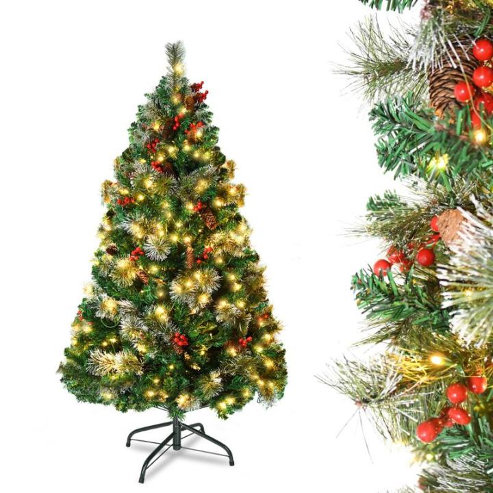 Kunstkerstboom met verlichting, 150 cm, 8 modi, dennenboom, groen, pvc, kerstboom voor kerstdecoratie, met dennenappels, dennennaald en dennennaald, klapsysteem, opvouwbare standaa