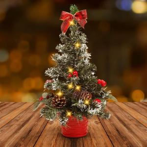 Mini verlichte kunstkerstboom - tafelkerstboom 40 cm met ballen en dennenappels (Design-2)