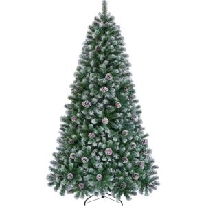 Kunstkerstboom van 183 cm met sneeuw en 64 dennenappels, diameter ca. 106 cm, 920 takpunten, moeilijk ontvlambare dennenboom met snelmontage, klapsysteem, incl. metalen standaard