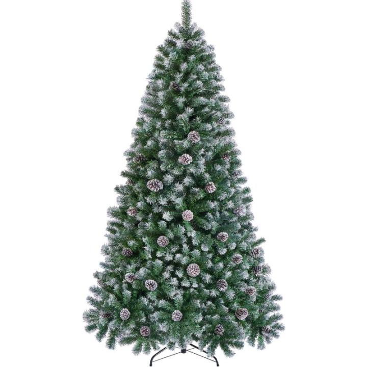 Kunstkerstboom van 183 cm met sneeuw en 64 dennenappels, diameter ca. 106 cm, 920 takpunten, moeilijk ontvlambare dennenboom met snelmontage, klapsysteem, incl. metalen standaard