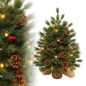 60 cm premium kunstkerstboom van PE met 30 warmwitte draadloze leds, 10 bundels rode bessen, 10 dennenappels en houten sokkel, onderhoudsvriendelijke kerstdecoratie, type C