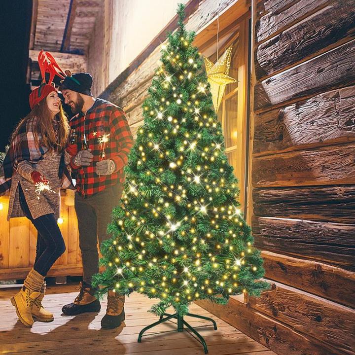 Kunstkerstboom, dennenboom met verlichting, 350 leds, warmwit, incl. metalen standaard, 820 takken, pvc-kerstboom voor kerstdecoratie, herbruikbaar, 210 cm, groen pvc + led